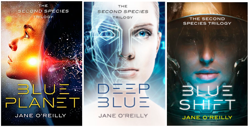 All three covers from the Science Fiction Trilogy Second Species are pictured here. Blue Shift, Deep Blue, and Blue Planet. Each cover features a female from the shoulders up, and elements of space and digitalisation.